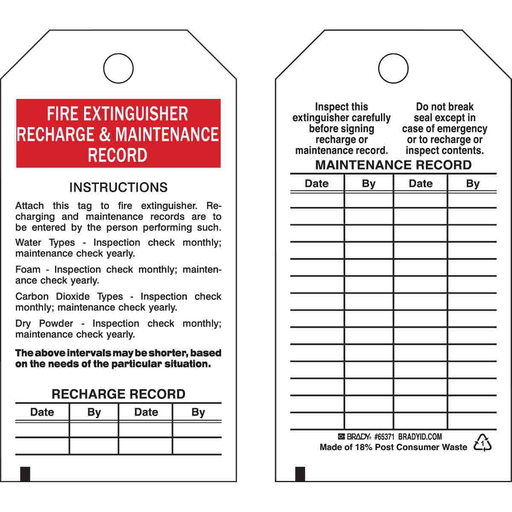 Product image for Brady 65371 Recharge Maintenance & Inspection Tags, FIRE EXTINGUISHER RECHARGE & MIANTENANCE RECORD