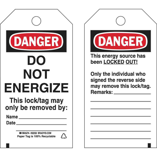 Product image for Brady 133566 DANGER Do Not Energize This Lock/Tag May Only Be Removed By:, DANGER This Energy Source Has Been Locked Out, Pack of 25 Tags