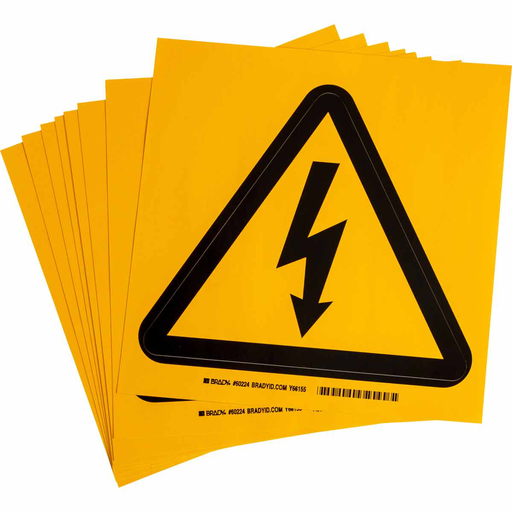 Product image for Brady 60224 Warning Label w/Electric Voltage Pictogram, Vinyl, Black on Yellow, 8" H x 8" W
