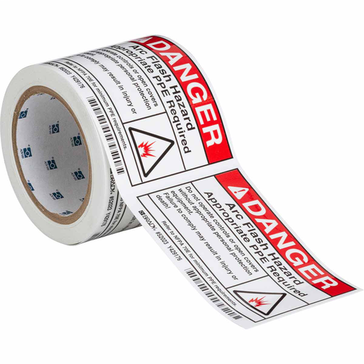 Product image for Brady 52023 Arc Flash Labels - Self-Sticking Polyester, 3.5" H x 5" W x 0.006" D, Roll of 100 Labels, Black/Red on White