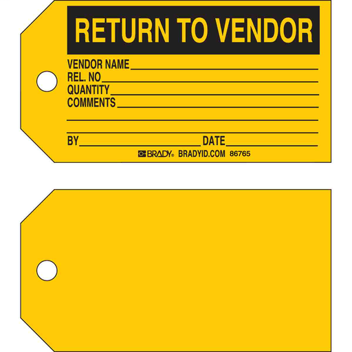 Product image for Brady 86765 RETURN TO VENDOR, VENDOR NAME: REL NO: QUANTITY: COMMENTS: BY: DATE:, Production Tag