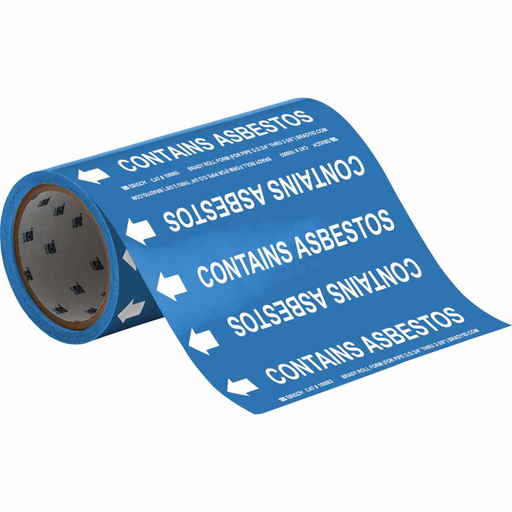 Product image for Brady 108863 CONTAINS ASBESTOS Pipe Marker, 30' H x 8" W, Roll of 30', Fits Pipes 2" Dia. or Smaller