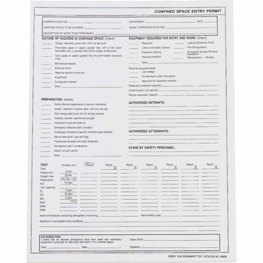 Product image for Brady 65936 Confined Space Entry Permit - 20# Bond Paper, Pad of 25 Each
