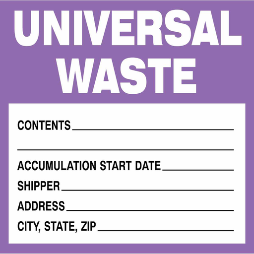 Product image for Brady 121437 Universal Waste Labels, 6" H x 6" W x 0.004" D, Black/Purple on White
