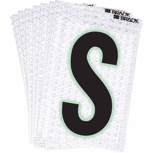 Product image for Brady 3000-S 3000 Series Glow in the Dark Number and Letter Labels, Black/Green Glow on Silver, Pack of 10 Labels, S