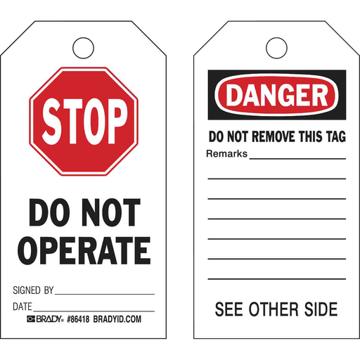 Product image for Brady 86418 Accident Prevention Tags: STOP DO NOT OPERATE SIGNED BY: DATE:, 5.75" H x 3" W, Polyester, Matte Finish