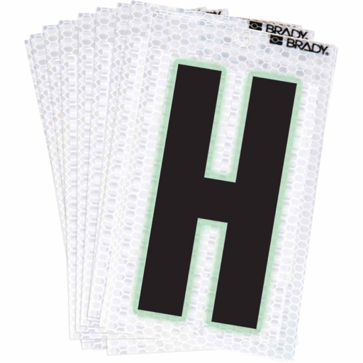 Product image for Brady 3000-H 3000 Series Glow in the Dark Number and Letter Labels, Black/Green Glow on Silver, Pack of 10 Labels, H