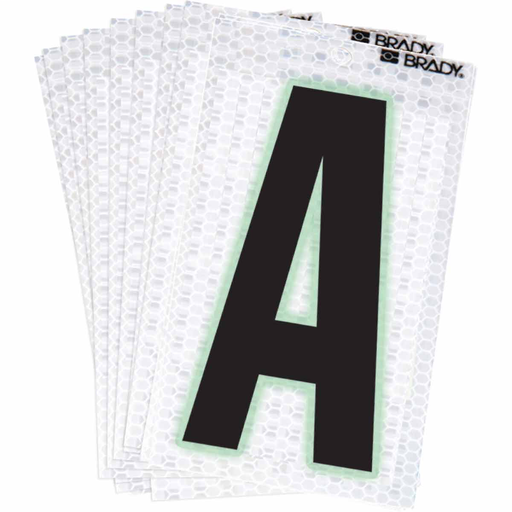 Product image for Brady 3000-A 3000 Series Glow in the Dark Number and Letter Labels, Black/Green Glow on Silver, Pack of 10 Labels, A