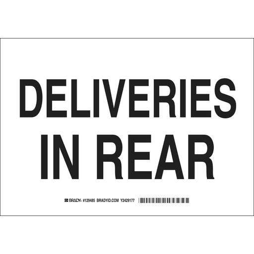 Product image for Brady 129484 Deliveries In Rear Sign, 7" H x 10" W x 0.06" D, Polystyrene
