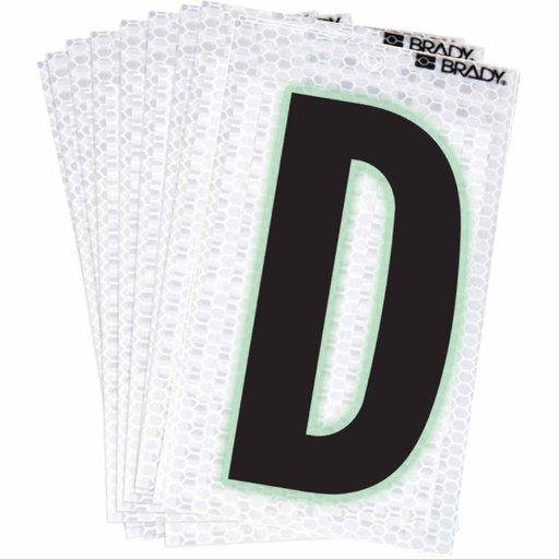 Product image for Brady 3000-D 3000 Series Glow in the Dark Number and Letter Labels, Black/Green Glow on Silver, Pack of 10 Labels, D
