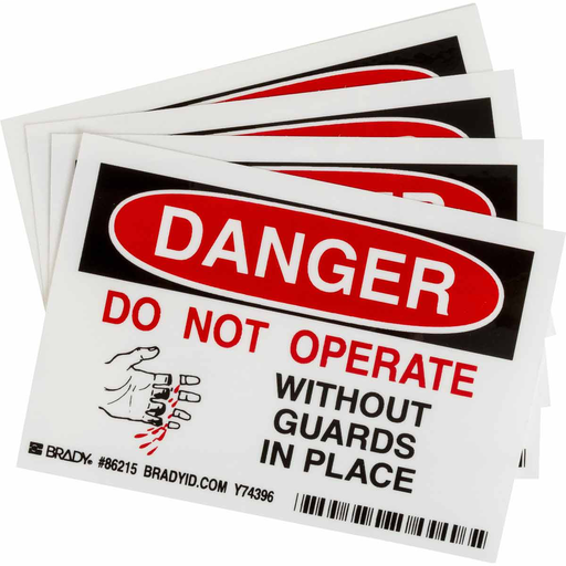 Product image for Brady 86215 DANGER Do Not Operate W/Out Guard Package 4, 3.5" H x 5" W x 0.006" D, Polyester