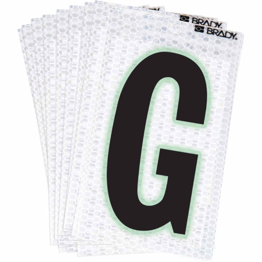 Product image for Brady 3000-G 3000 Series Glow in the Dark Number and Letter Labels, Black/Green Glow on Silver, Pack of 10 Labels, G