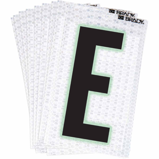 Product image for Brady 3000-E 3000 Series Glow in the Dark Number and Letter Labels, Black/Green Glow on Silver, Pack of 10 Labels, E