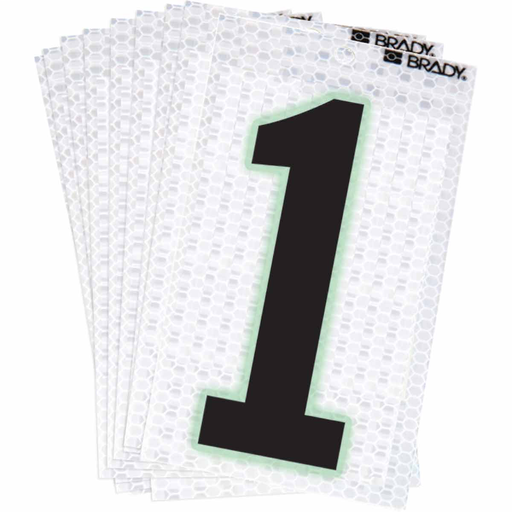 Product image for Brady 3000-1 3000 Series Glow in the Dark Number and Letter Labels, Black/Green Glow on Silver, Pack of 10 Labels, 1