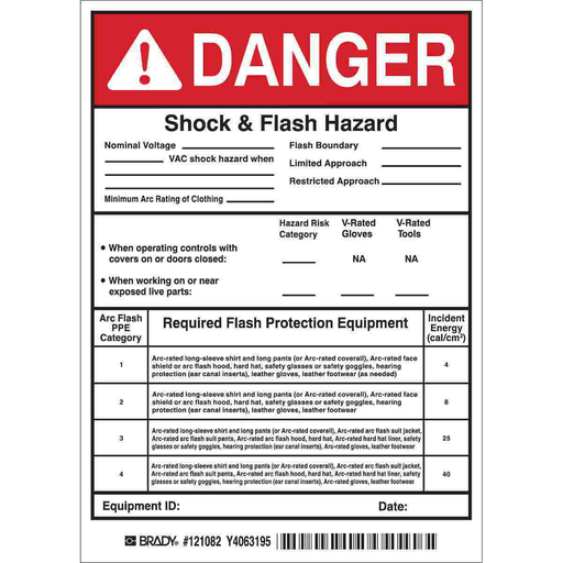 Product image for Brady 121082 Arc Flash Labels - Adhesive Vinyl, 7" H x 5" W x 0.004" D, Pack of 5 Labels, Black/Red on White