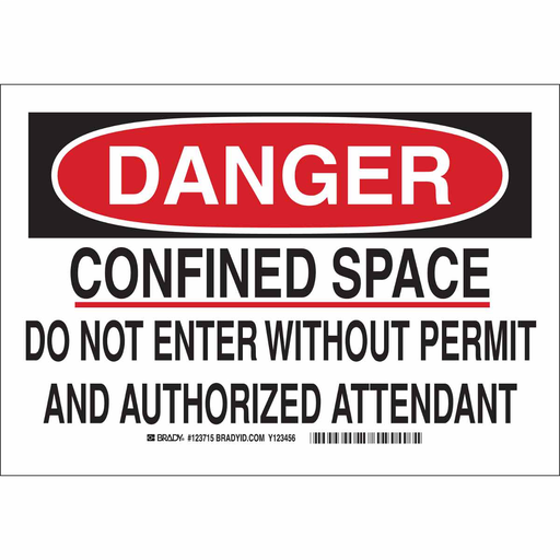 Product image for Brady 123717 DANGER Confined Space Do Not Enter Without Permit And Authorized Attendant Sign, 10" H x 14" W x 0.06" D, Polystyrene