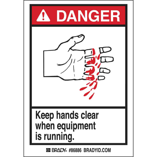 Product image for Brady 86886 DANGER Keep hands clear when equipment is running. Labels, 5" H x 3.5" W x 0.006" D, Black/Red on White
