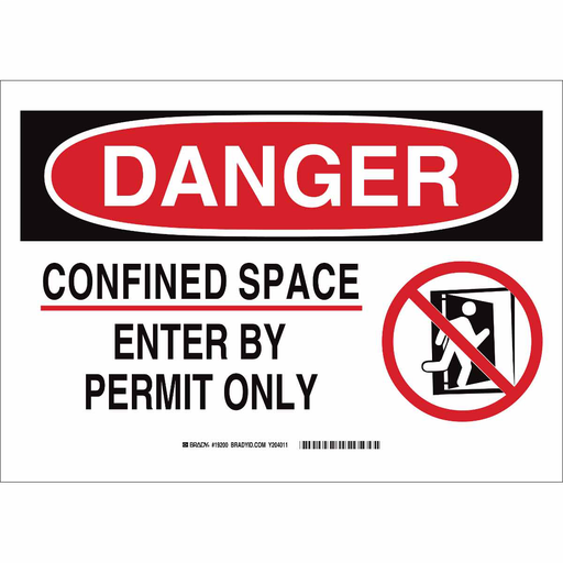 Product image for Brady 19194 DANGER Confined Space Enter By Permit Only w/Pictogram Sign, 7" H x 10" W x 0.035" D, Aluminum