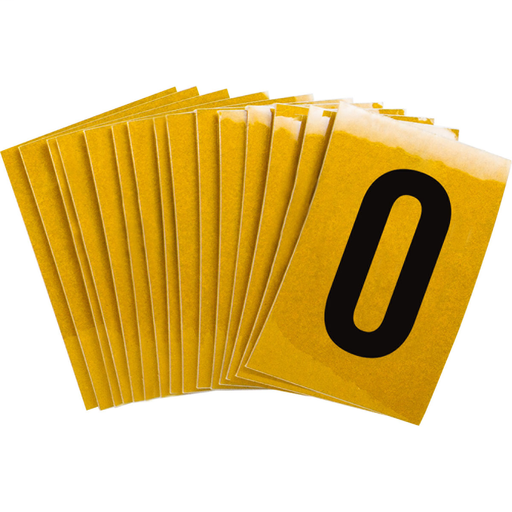 Product image for Brady 5920-0 5920 Reflective Number and Letter Labels, 1.5" H x 1" W, Pack of 25 Labels, Black on Yellow, 0