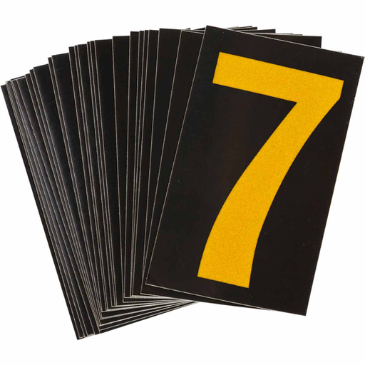Product image for Brady 5000-7 5000 Series Reflective Number and Letter Labels, 2.875" H x 1.75" W, Pack of 25 Labels, Yellow on Black, 7