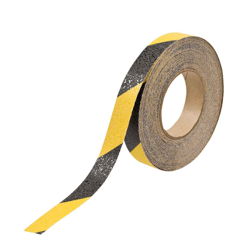 Product image for Brady 78146 Anti-Skid Tape Roll - Grit-Coated Polyester, Diagonal Stripes, Black on Yellow, 1" x 60'