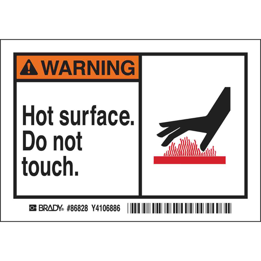 Product image for Brady 86828 WARNING HOT SURFACE DO NOT TOUCH. Labels, 3.5" H x 5" W x 0.006" D, Black/Orange/Red on White