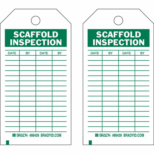 Product image for Brady 86501 Inspection & Material Control Tags - SCAFFOLD INSPECTION, Polyester, DATE: BY: DATE: BY:, 7" H x 4" W