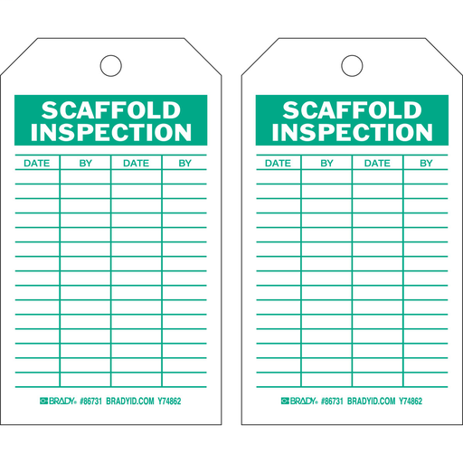 Product image for Brady 86731 Inspection / Material Control Tags: SCAFFOLD INSPECTION:, 7" H x 4" W, Green on White