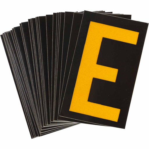Product image for Brady 5000-E 5000 Series Reflective Number and Letter Labels, 2.875" H x 1.75" W, Pack of 25 Labels, Yellow on Black, E