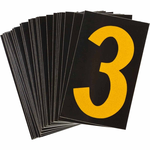 Product image for Brady 5000-3 5000 Series Reflective Number and Letter Labels, 2.875" H x 1.75" W, Pack of 25 Labels, Yellow on Black, 3