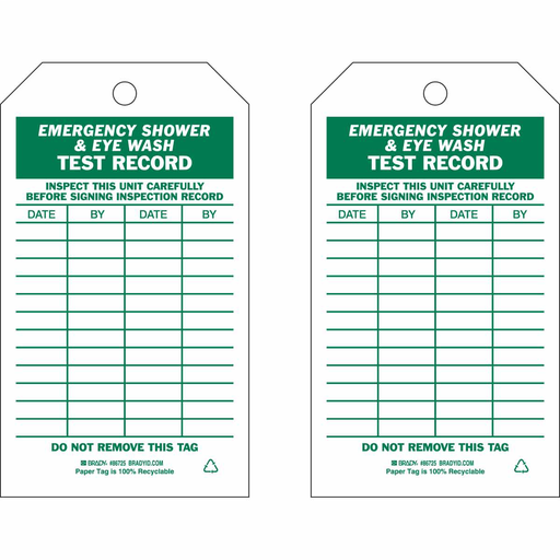 Product image for Brady 86725 Inspection & Material Control Tags, EMERGENCY SHOWER & EYEWASH TEST RECORD, 7" H x 4" W, Green on White, Paper