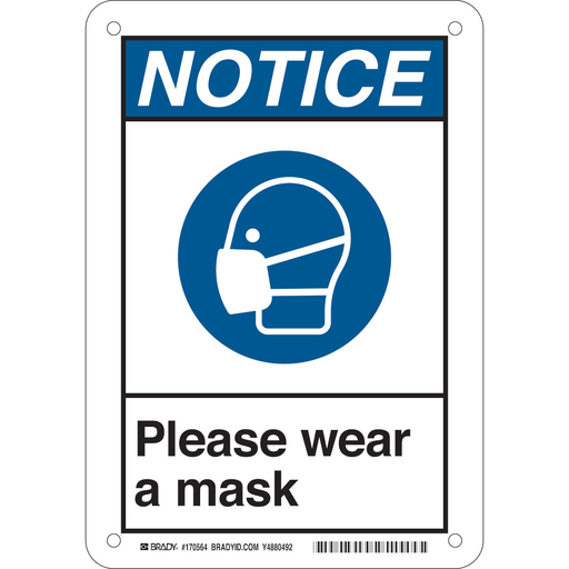 Product image for Brady 170564 Please Wear A Mask (COVID-19) Polystyrene Sign 10"H x 7"W BL