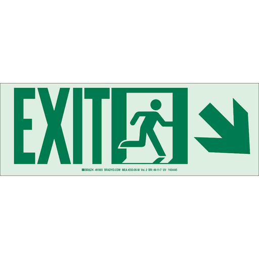 Product image for Brady 81803 BradyGlo NYC Approved Exit With Running Man And Down/Right Arrow Sign, 5" H x 14" W x 0.0096" D, Pack of 10 Each