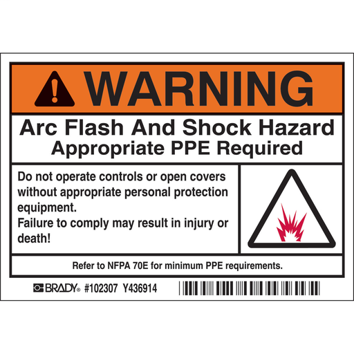 Product image for Brady 102307 Arc Flash Labels, WARNING w/Pictogram - Self-Sticking Polyester, 3.5" H x 5" W x 0.006" D, Roll of 100 Labels, Black/Orange on White