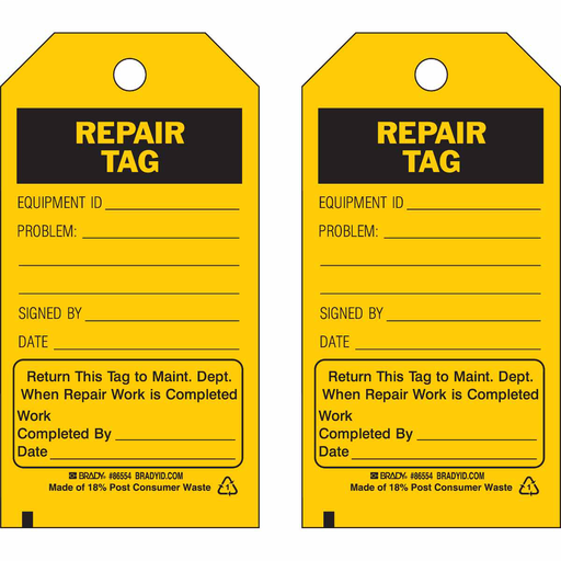 Product image for Brady 86434 Accident Prevention Tags: REPAIR TAG: EQUIPMENT ID: PROBLEM: SIGNED BY: DATE:, Polyester