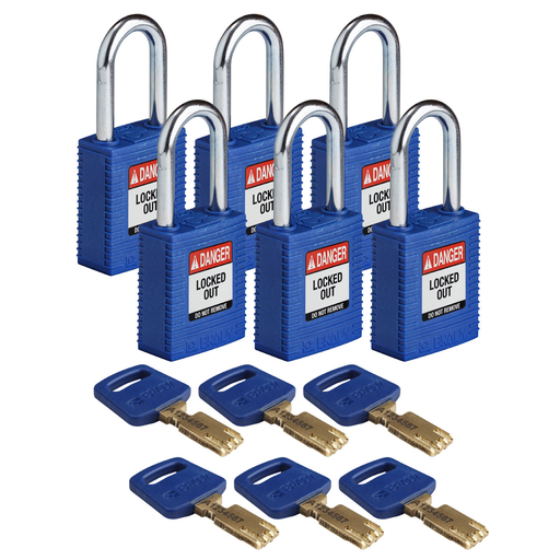 Product image for Brady NYL-BLU-38ST-KD6PK Brady SafeKey Lockout Padlock Nylon Blue 1.5" Steel Shkl Keyed Different 6 Pk