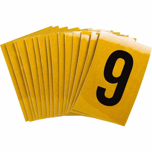 Product image for Brady 5920-9 5920 Reflective Number and Letter Labels, 1.5" H x 1" W, Pack of 25 Labels, Black on Yellow, 9