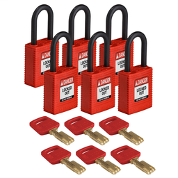 Product image for Brady NYL-RED-38PL-KD6PK Brady SafeKey Lockout Padlock Nylon Red 1.5" Plastic Shkl Keyed Different 6 Pk