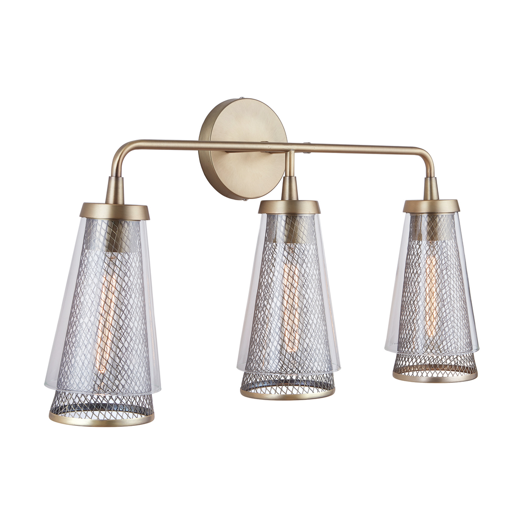 25" W x 14.5" H x 7" E 3-Light Vanity in Aged Brass with Mesh and Clear Glass Cone Shades