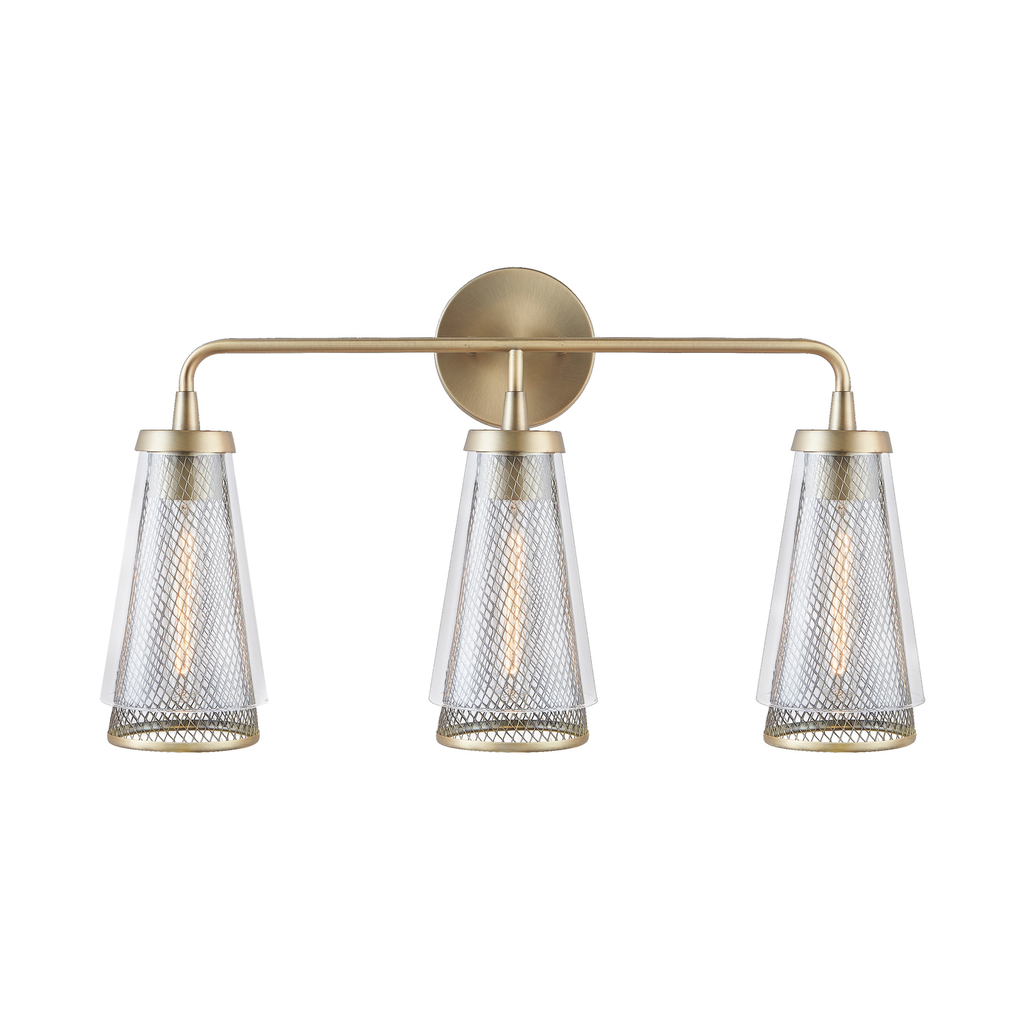 25" W x 14.5" H x 7" E 3-Light Vanity in Aged Brass with Mesh and Clear Glass Cone Shades
