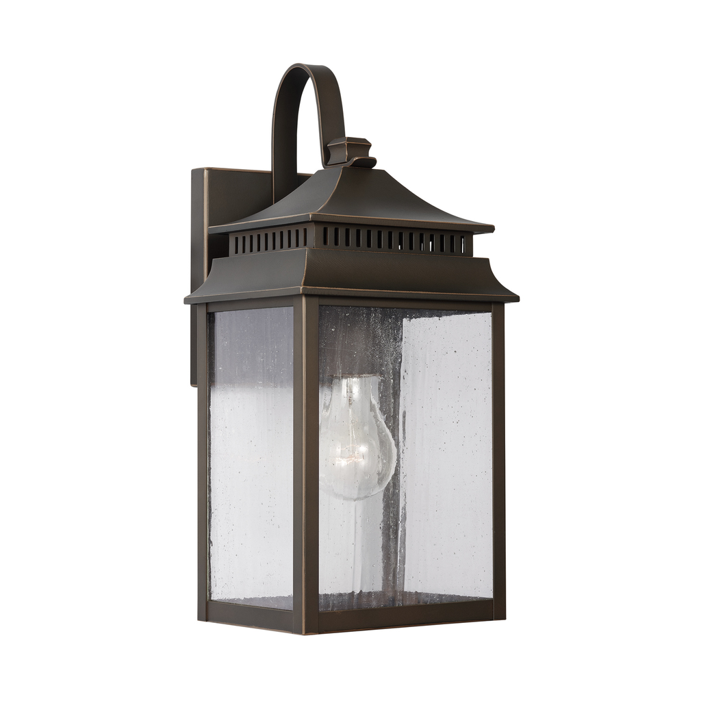 7"W x 15"H 1-Light Antiqued Water Glass Outdoor Wall Lantern in Oiled Bronze