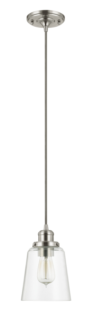 Mayer-DDS-6" W x 9" H 1-Light Pendant in Brushed Nickel with Clear Glass Shade and Braided Grey Cord-1