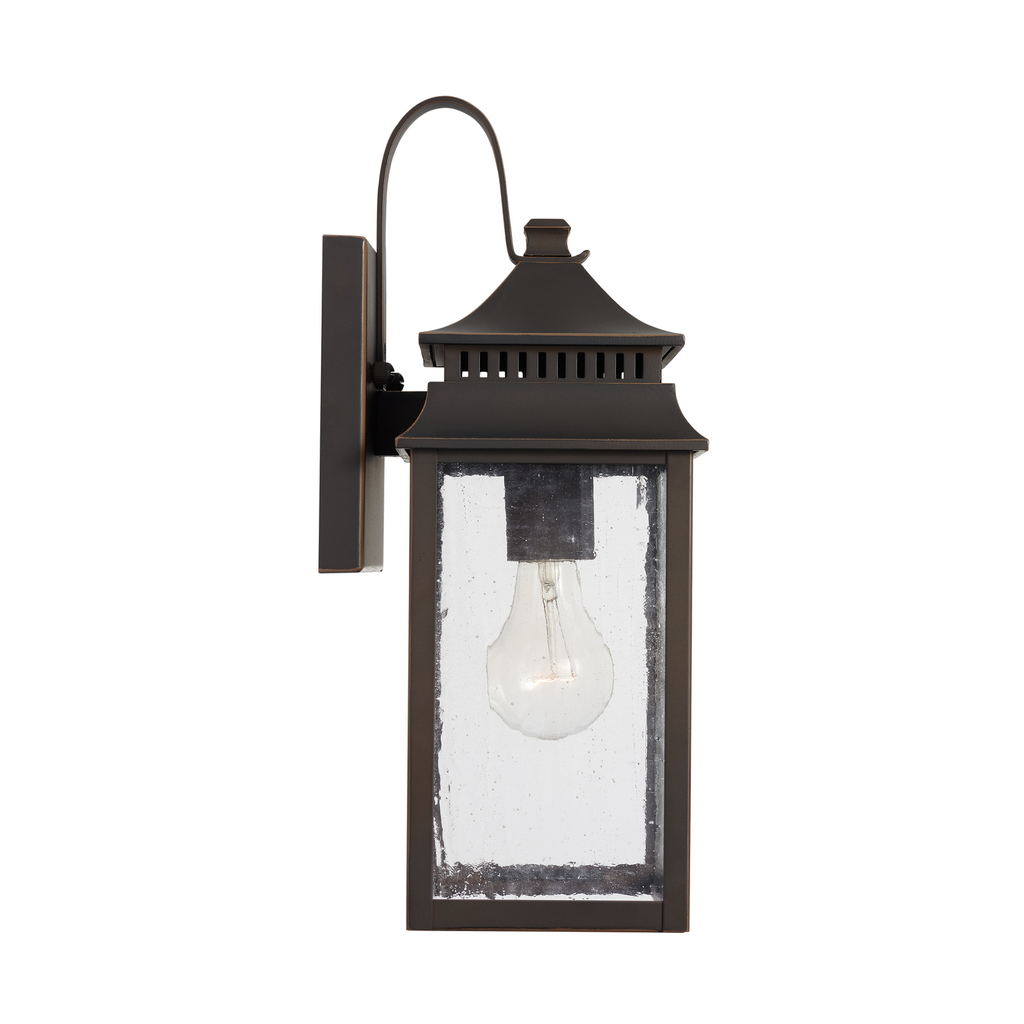 7"W x 15"H 1-Light Antiqued Water Glass Outdoor Wall Lantern in Oiled Bronze