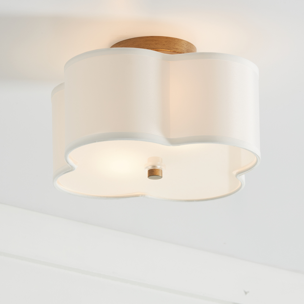 12" W x 7" H 2-Light Semi-Flush Mount in Brushed Gold with Scalloped White Fabric Shade