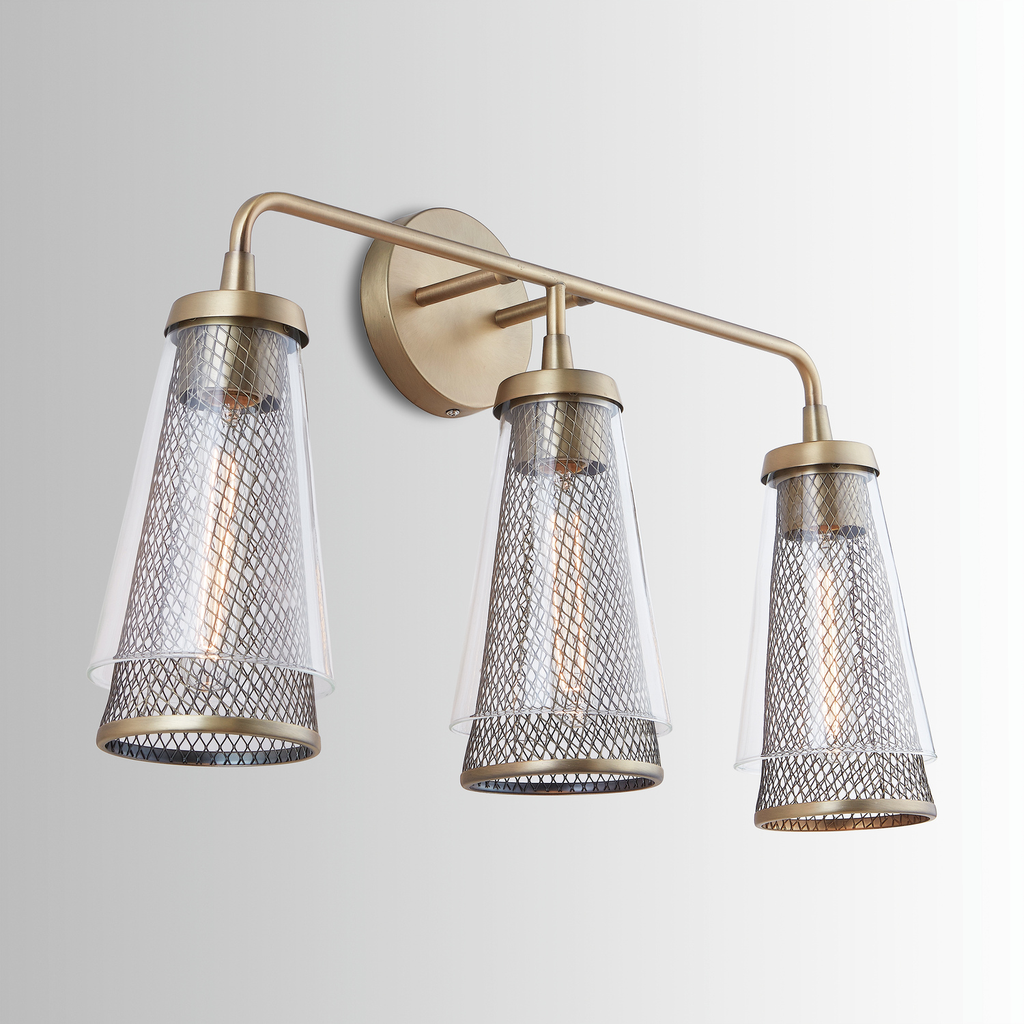 25" W x 14.5" H x 7" E 3-Light Vanity in Aged Brass with Mesh and Clear Glass Cone Shades