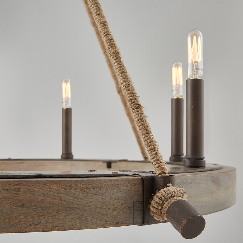 38" W x 38" H 8-Light Wood Ring Chandelier with Natural Jute Accents in Nordic Grey