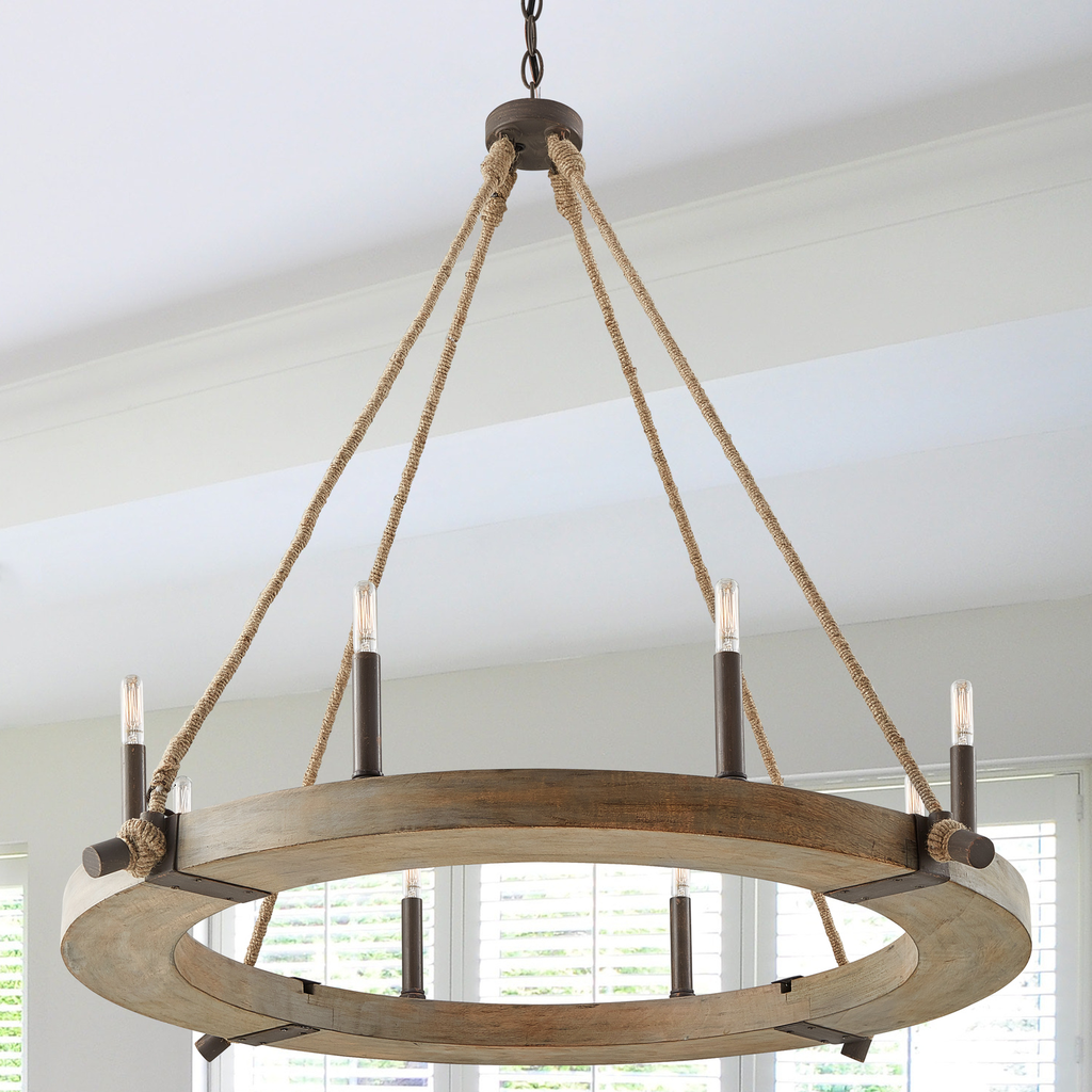 38" W x 38" H 8-Light Wood Ring Chandelier with Natural Jute Accents in Nordic Grey