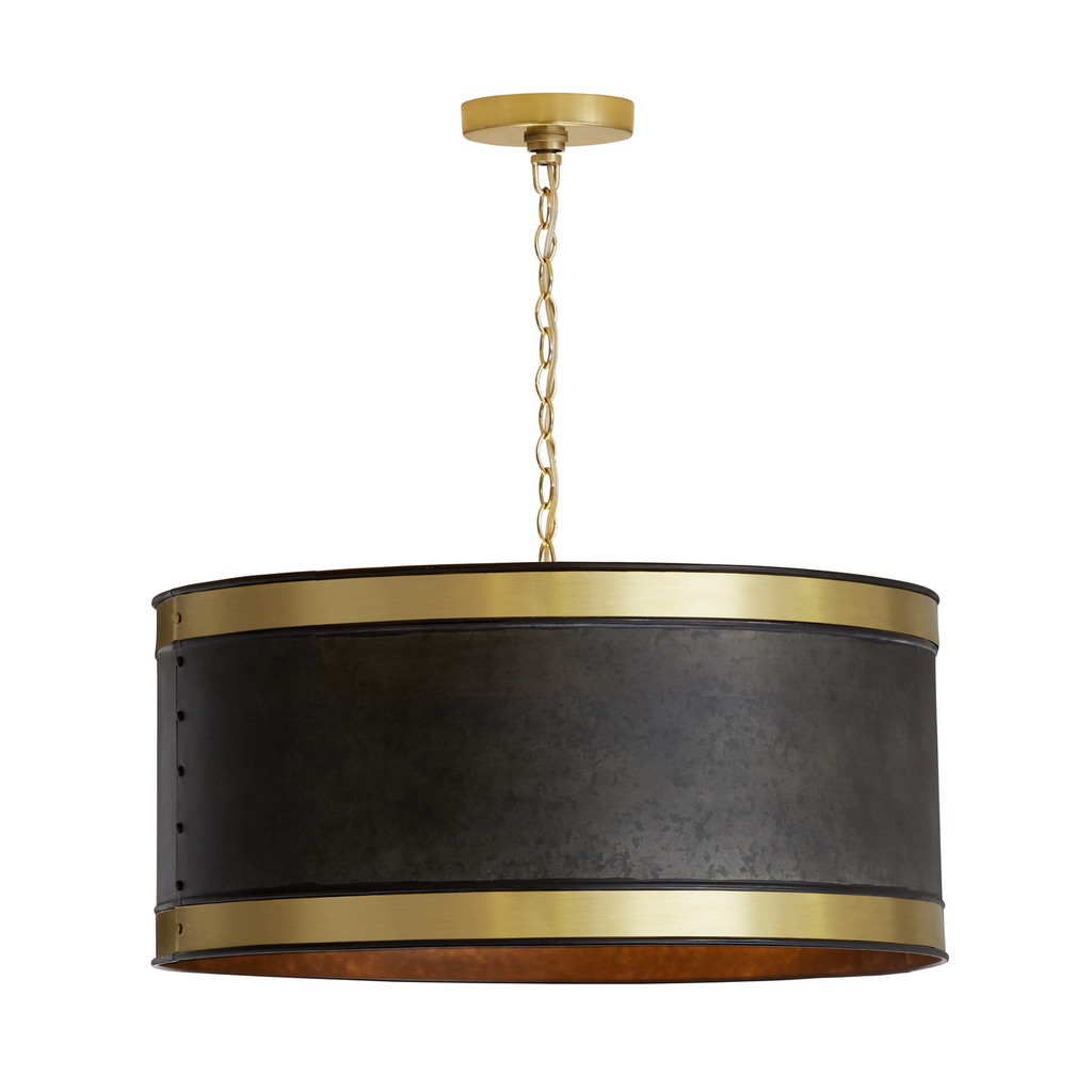 24" W x 12.5" H 4-Light Drum Pendant in Galvanized Black Metal with Brass Trim