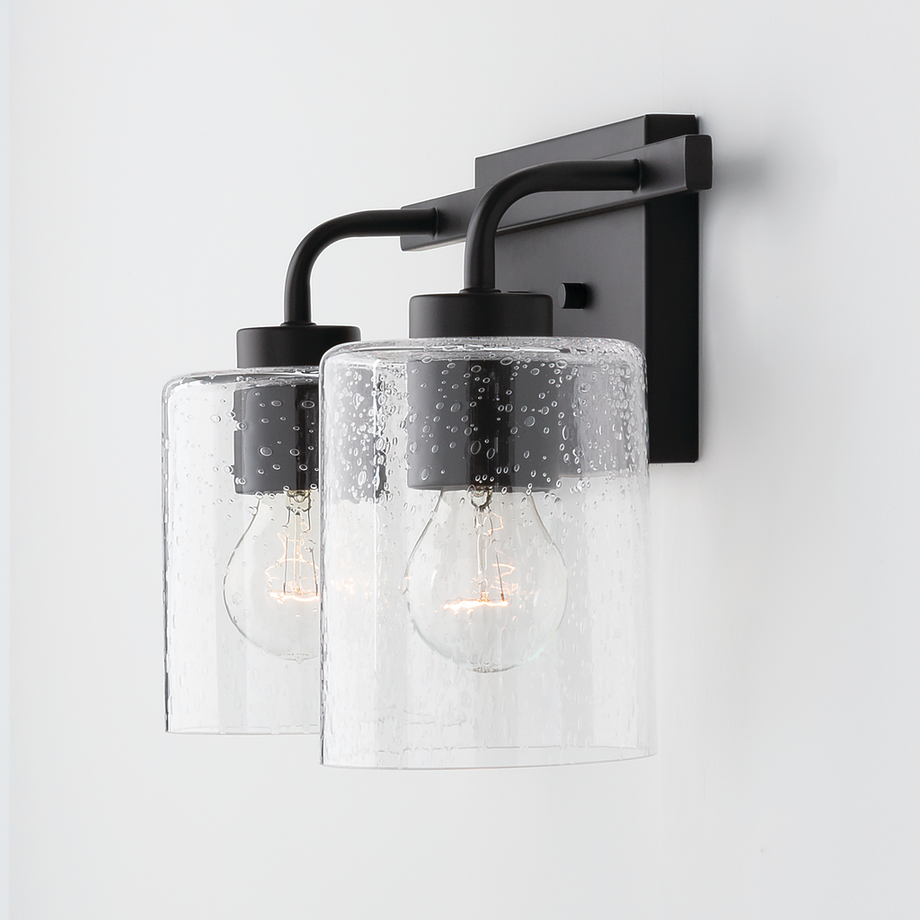 14.5" W x 9" H x 6" E 2-Light Clear Seeded Glass Vanity in Matte Black