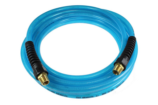 Flexeel Hose, 3/8" x 50', 1/4" MPT Reusable Strain Relief Fittings, Transparent Blue